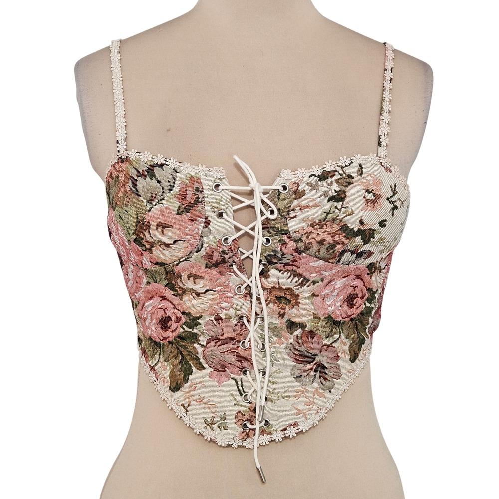 Cider Floral Tapestry Lace Up Corset Top Pink Green Medium Cottagecore